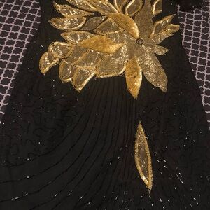 VTG Baluchi Creation 100% Silk Sequin Beaded Dress 80’s Black Gold Cocktail